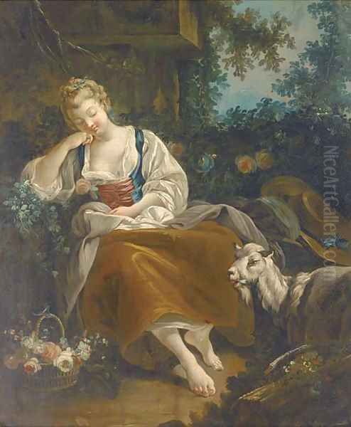 A shepherdess resting in a wooded clearing with a basket of mixed flowers and a goat nearby Oil Painting by Francois Boucher