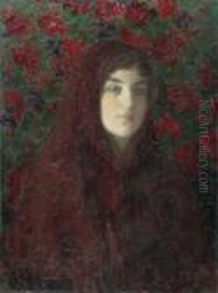 Portrait Of A Woman With A Red Head Cloth. Oil Painting by Isaak Israilevich Brodsky