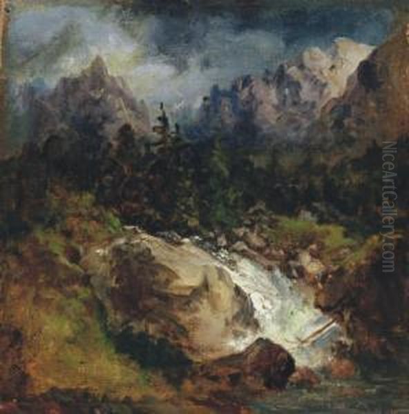 Waterfall In The Mountains Oil Painting by Sandor Brodszky