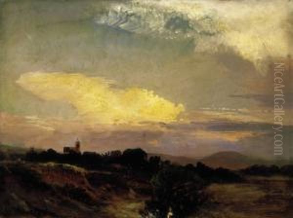 Landscape With The Sun Setting Oil Painting by Sandor Brodszky