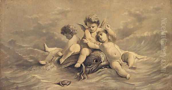 Putti frolicking amidst the sea - en grisaille Oil Painting by Francois Boucher