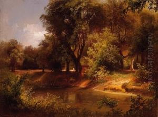 Forest Scene With A River Oil Painting by Sandor Brodszky