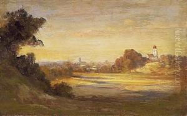 Landscape With A Small Town In The Distance Oil Painting by Sandor Brodszky