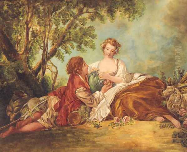 A Shepherd and Sheperdess in a Landscape Oil Painting by Francois Boucher