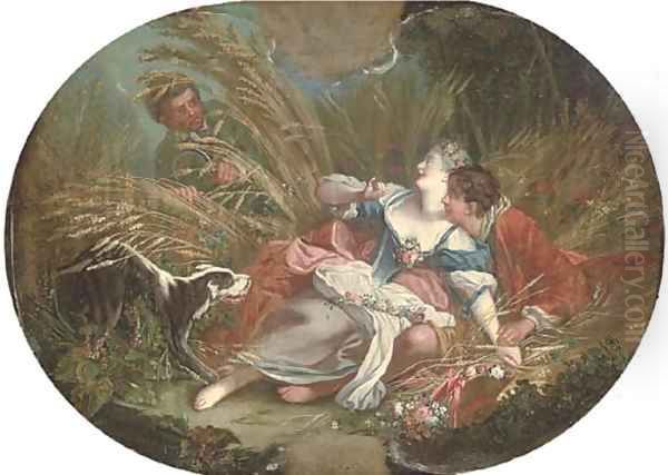 A wheat field with an amorous couple, surprised by a voyeur Oil Painting by Francois Boucher