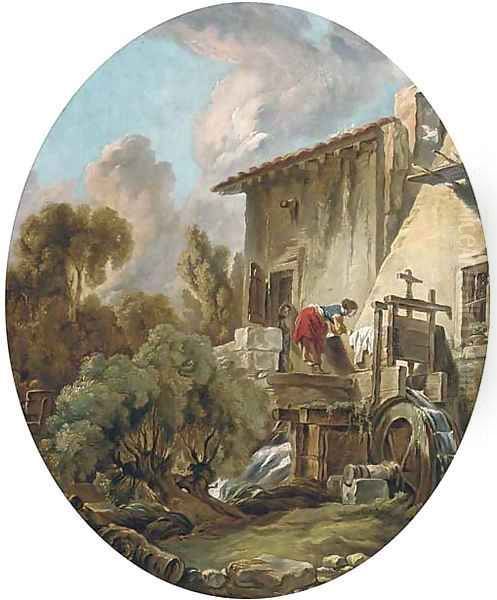 A woman washing clothes at a mill Oil Painting by Francois Boucher