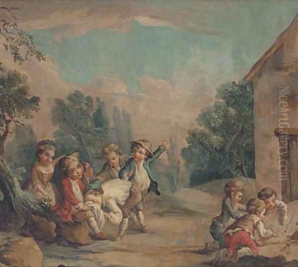 Children playing in a landcsape Oil Painting by Francois Boucher