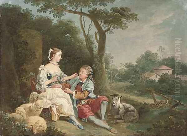 A wooded river landscape with a swain courting a shepherdess Oil Painting by Francois Boucher