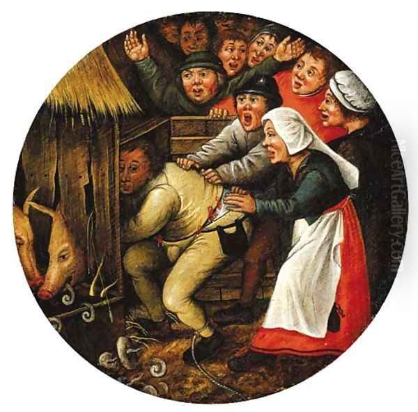 The Drunkard pushed into the Pigsty Oil Painting by Pieter The Younger Brueghel