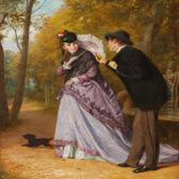 A Gentleman Is Presenting A Buttonhole To An Elegant Lady Oil Painting by Valentin Walter Bromley