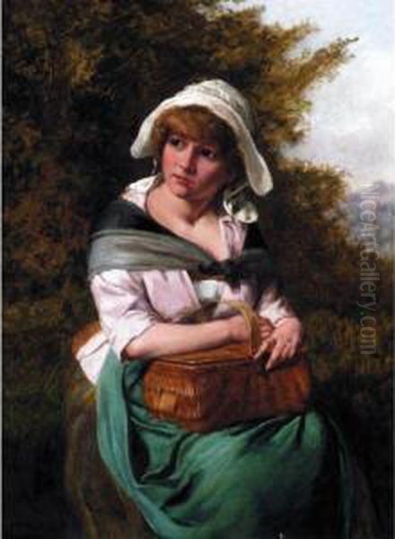 Young Girl Seated With A Basket Oil Painting by Valentin Walter Bromley