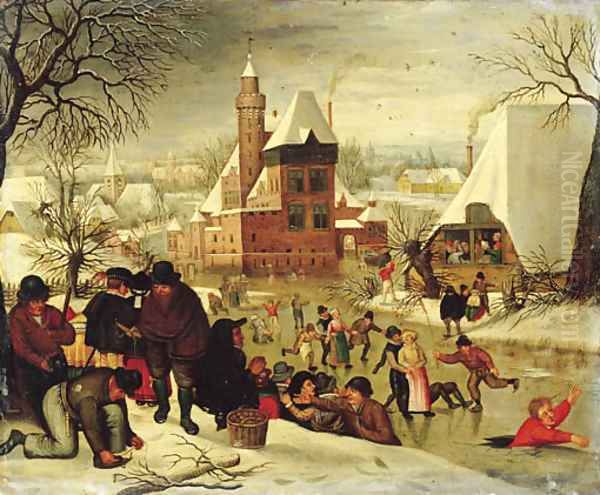 A winter landscape with peasants skating and playing kolf on a frozen river, a town beyond Oil Painting by Pieter The Younger Brueghel