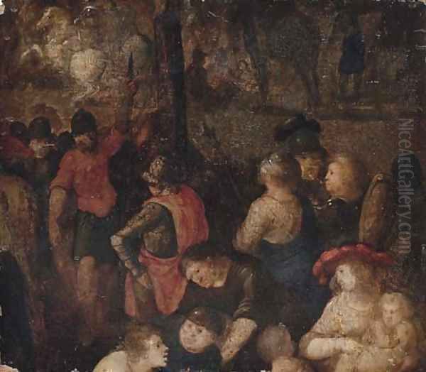 Soldiers - a fragment, possibly from a crucifixion Oil Painting by Pieter The Younger Brueghel