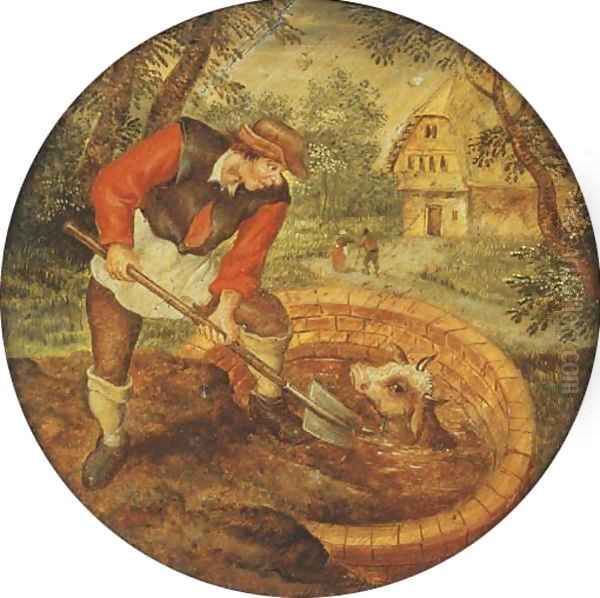 To fill the well once the calf has fallen in Oil Painting by Pieter The Younger Brueghel