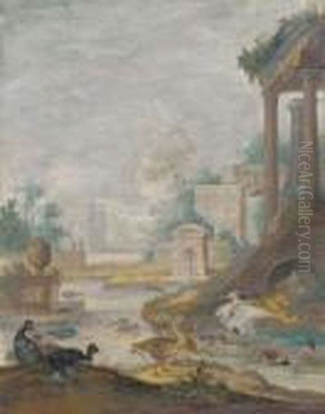 A Classical Landscape With Wildfowl Oil Painting by Johannes Bronkhorst