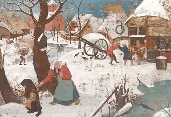 A winter landscape with peasants in a village Oil Painting by Pieter The Younger Brueghel