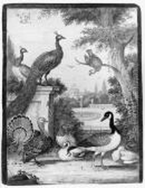 Peacocks, A Parrot, A Goose, A Turkey, Ducks And Another Bird In Apalatial Garden Oil Painting by Johannes Bronkhorst