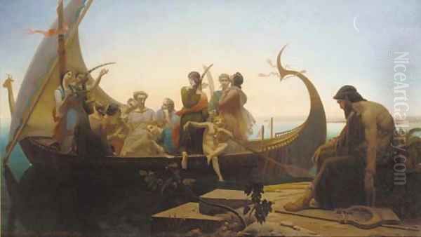 Greek mythological figures on a boat near a pier Oil Painting by Louis Marie Baader