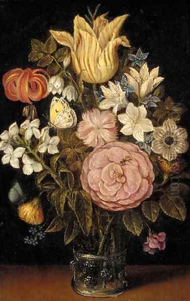 A rose, a tulip, an iris and other flowers in a glass vase, with a butterfly Oil Painting by Ambrosius the Elder Bosschaert