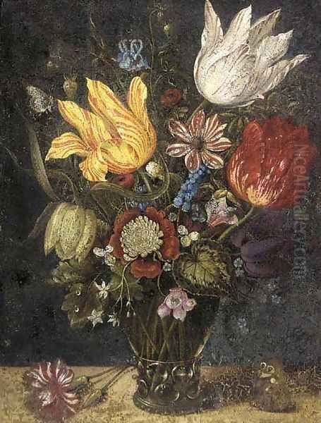 Parrot tulips and other flowers in a roemer, with a carnation and a butterfly on a ledge Oil Painting by Ambrosius the Elder Bosschaert