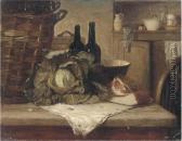 A Cabbage, Joint Of Meat, Bottles And A Wicker Basket On A Kitchentable Oil Painting by Herry Brooker