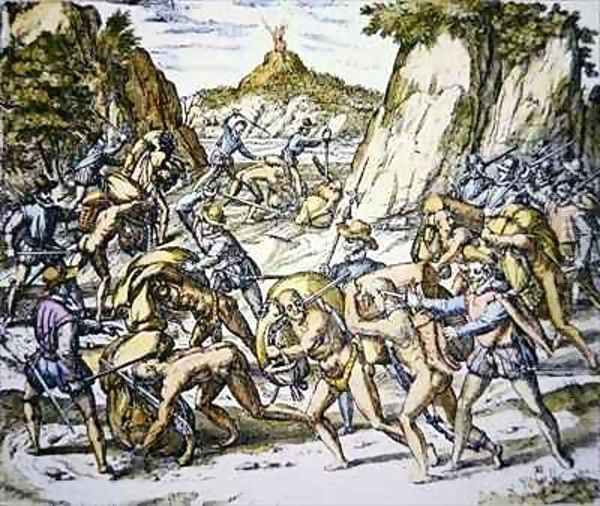 Conquistadors enslaving and beating native American baggage carriers Oil Painting by Theodore de Bry