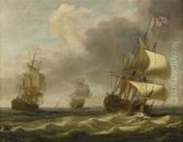 Men-o-war In Choppy Seas Oil Painting by Charles Brooking