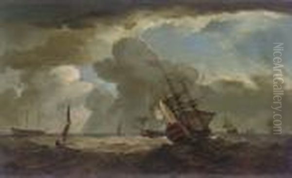 A Two-decker Heeling In An Offshore Breeze Oil Painting by Charles Brooking