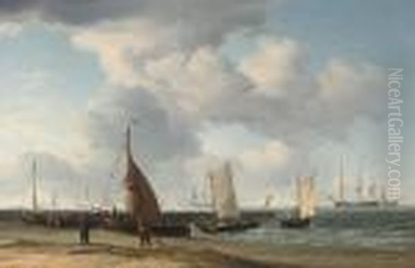 A Dutch Fishing Pinck Hauled Up On The Beach, With Men-o'war At Anchor In The Distance Oil Painting by Charles Brooking