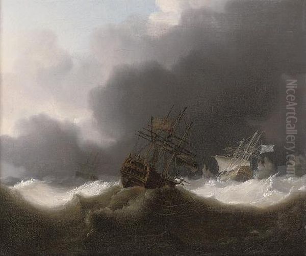 Ships Of The Red Squadron Reefed Down In A Gale Oil Painting by Charles Brooking