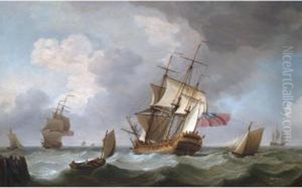 A British Man Of War And Other Vessels In A Heavy Sea Leaving Harbour Oil Painting by Charles Brooking