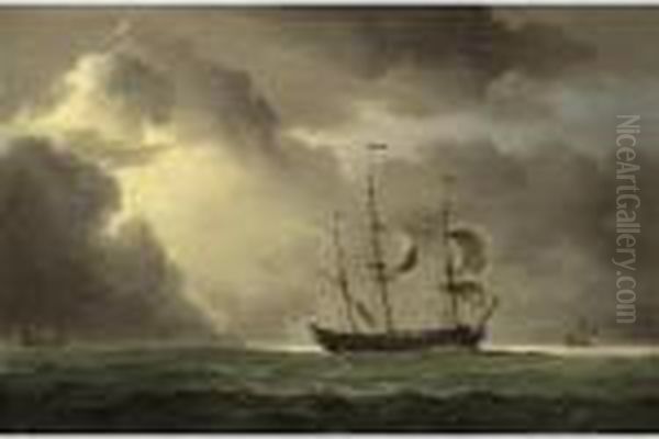 A Man-of-war And Other Shipping In An Approaching Storm Oil Painting by Charles Brooking