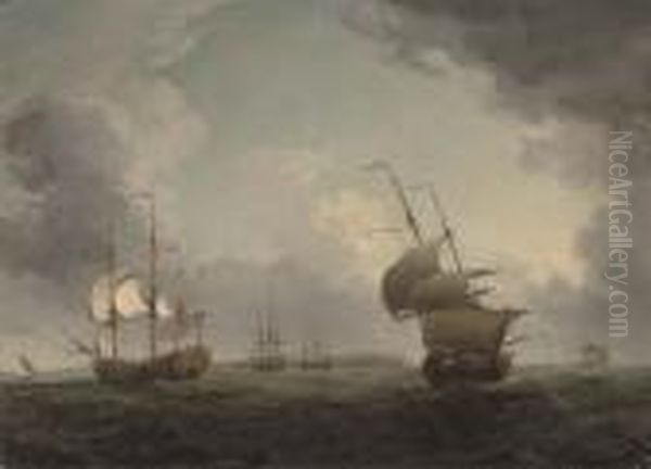 Men-o'war Off The Isle Of Wight Oil Painting by Charles Brooking