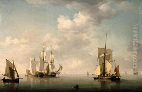 Shipping In A Calm Oil Painting by Charles Brooking