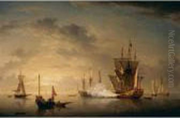 A Royal Yacht Firing A Salute Oil Painting by Charles Brooking