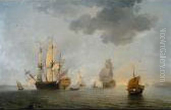 A British Man Of War And Other Shipping Off The Coast Oil Painting by Charles Brooking