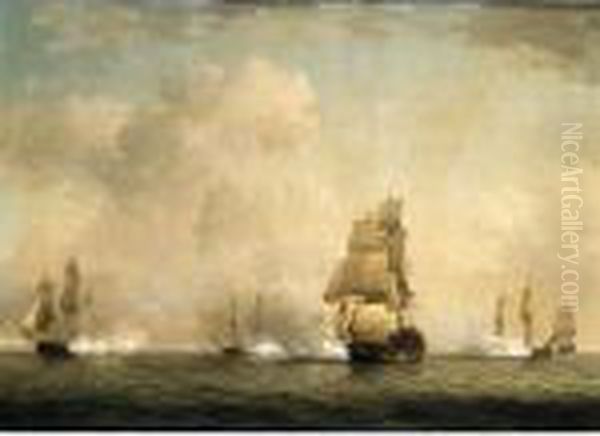 The Capture Of A French Ship By Royal Family Privateers Oil Painting by Charles Brooking