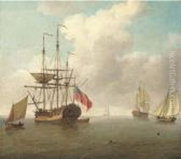 A Small Man-'o'-war At Anchor With Cutters Under Sail Oil Painting by Charles Brooking