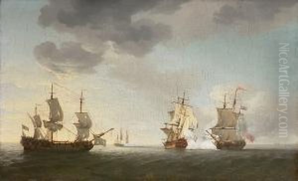 The Taking Of The French 
Merchantmen 'marquese D' Antin' And 'louis Erasme' By The English 
Privateers 'prince Frederick' And 'duke', 10th. July Oil Painting by Charles Brooking