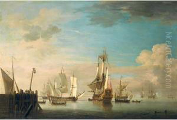 An English Two Decker Of 40 Guns, A Galliot And Other Shipping In A Calm Off A Pier Oil Painting by Charles Brooking