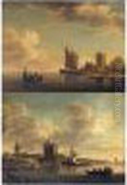 Two Views Of Blankenburg Castle Off The Coast Of Flanders Oil Painting by Charles Brooking