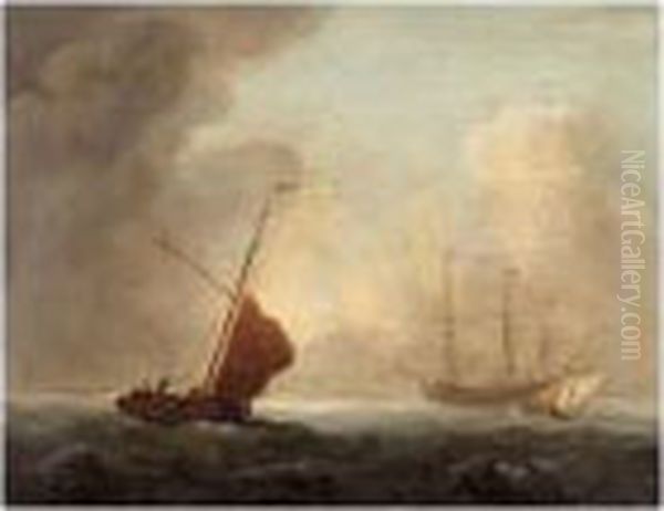 Dutch Man-o'-war With Fishing Boats In The Foreground Oil Painting by Charles Brooking