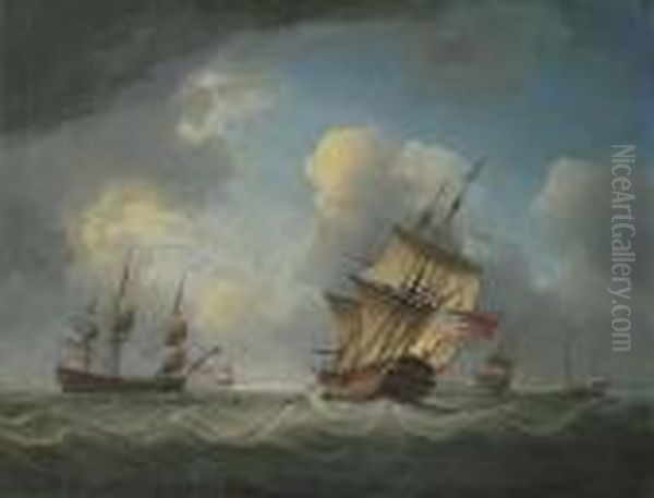 A Royal Naval Squadron Of The Red Offshore In A Heavy Swell Oil Painting by Charles Brooking