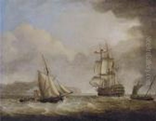 A British Royal Naval Two-decker In The Channel Off Dover Oil Painting by Charles Brooking