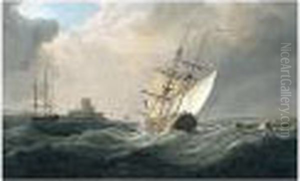 A Briganteine In A Fresh Breeze Off A Fort Oil Painting by Charles Brooking