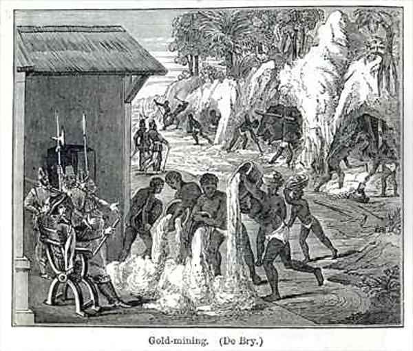 Gold Mining Oil Painting by Theodore de Bry