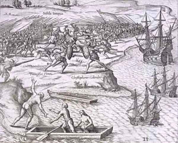 Battle in Jamaica between Christopher Columbus (1451-1506) and Francisco Poraz Oil Painting by Theodore de Bry