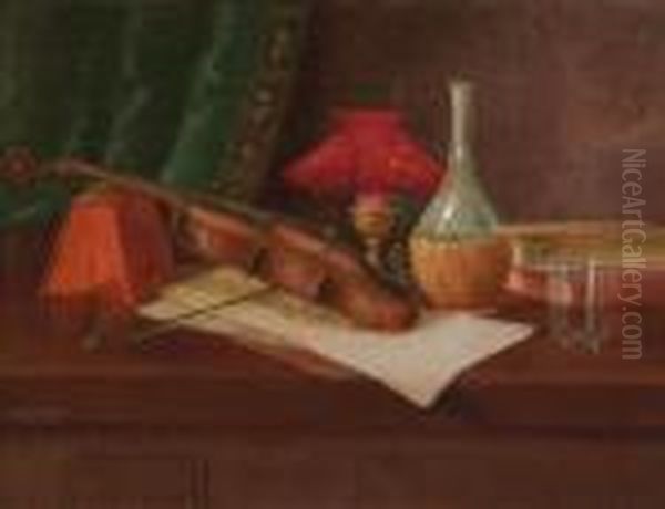 Still Life With Wine Bottle, Violin, Book And Lamp Oil Painting by Nicholas Alden Brooks