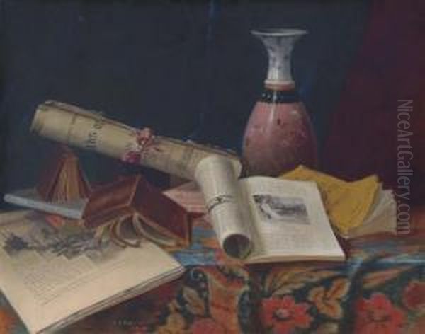 Still Life With Vase And Books Oil Painting by Nicholas Alden Brooks