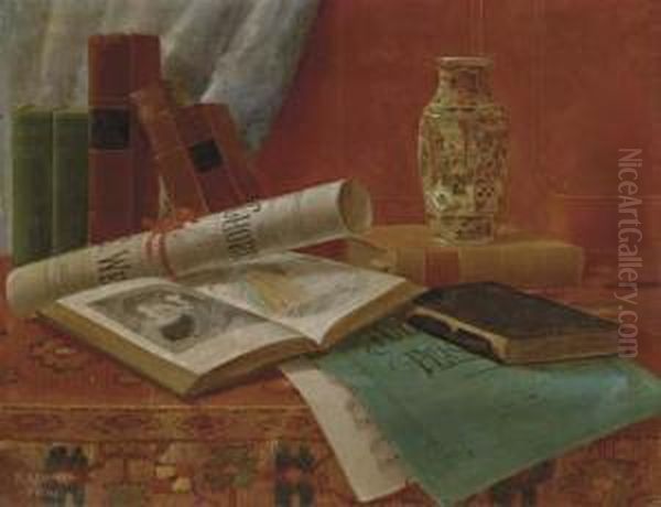 Still Life With Books And Newspaper Oil Painting by Nicholas Alden Brooks